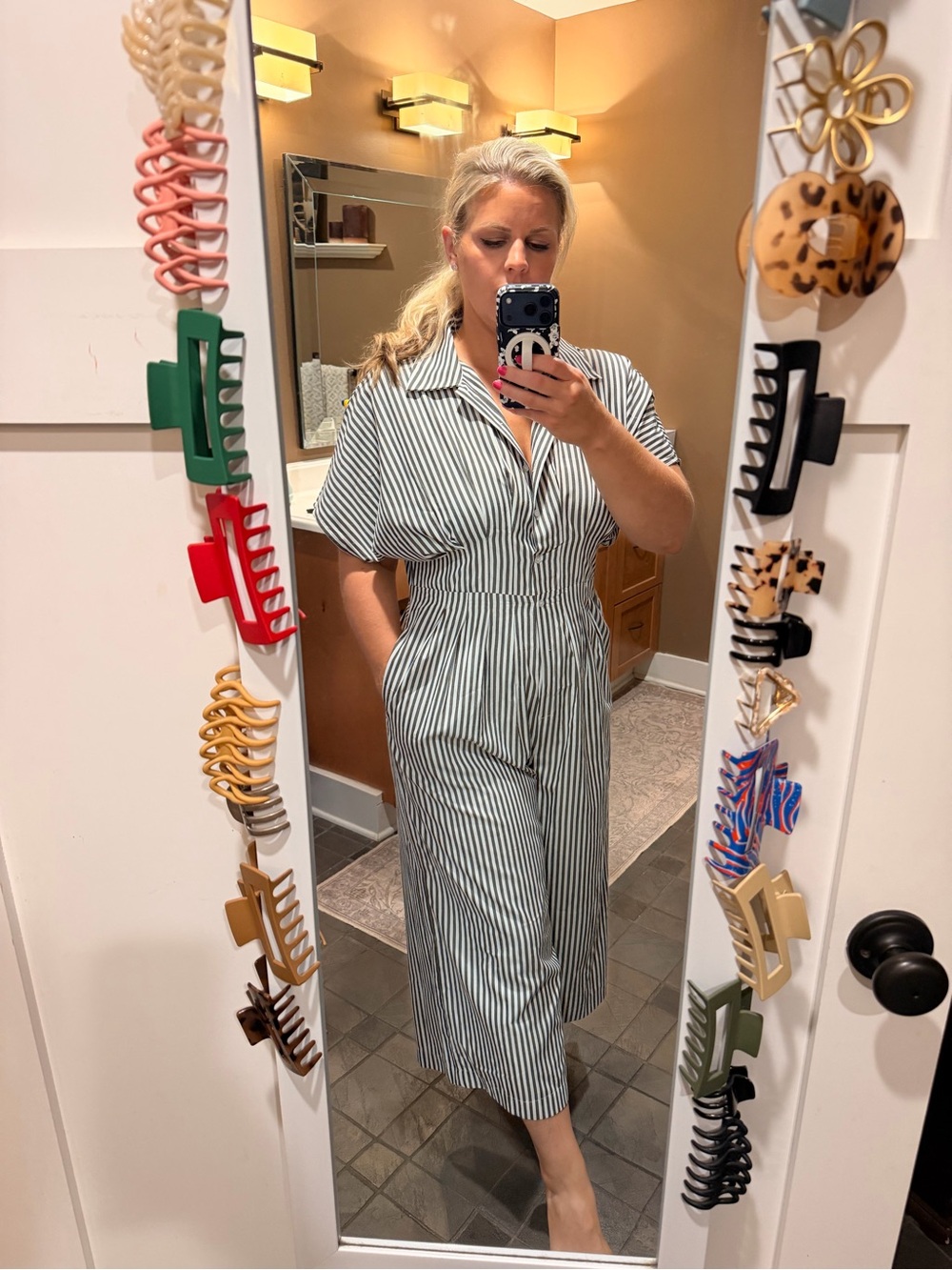 Striped Short-Sleeve Jumpsuit in White & Charcoal